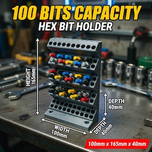 May include: A gray hex bit holder with a capacity of 100 bits. The holder is 100mm wide, 165mm high, and 40mm deep. It features multiple rows of colored bits, including red, yellow, blue, and black.
