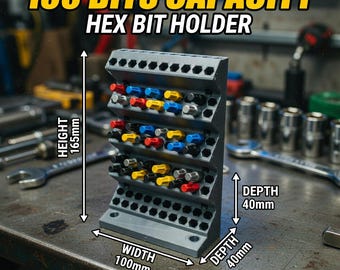 1/4 Inch Hex Bit Organizer, 100 Spaces, For Wall /Bench Top, 3D Printed