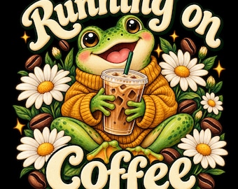 Può includere: Una rana verde che indossa un maglione giallo senape tiene in mano un caffè freddo in un bicchiere di plastica trasparente. L'immagine presenta margherite bianche e chicchi di caffè marroni, con il testo Running on Coffee in crema su sfondo nero.