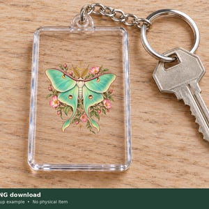 Pu&ograve; includere: Un portachiavi rettangolare in acrilico trasparente con un'illustrazione stampata di una falena luna verde chiaro circondata da piccoli fiori rosa e foglie verdi. Un anello e una catenella in metallo argentato sono fissati in alto.