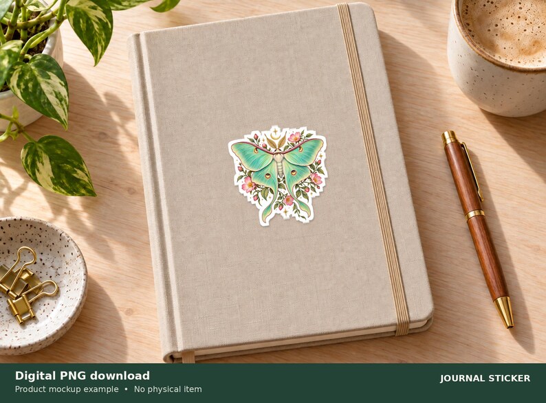 Pu&ograve; includere: Un adesivo fustellato raffigurante una falena Luna verde chiaro con delicati motivi sulle ali, circondata da piccoli fiori rosa, foglie verdi e accenti a forma di stella dorata. La falena &egrave; centrata con un design simmetrico dai colori pastello.