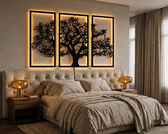 Beleuchtete Baum-Metallwand-Kunst, 3-teilige schwarze Skulptur, modernes Schlafzimmer-Dekor