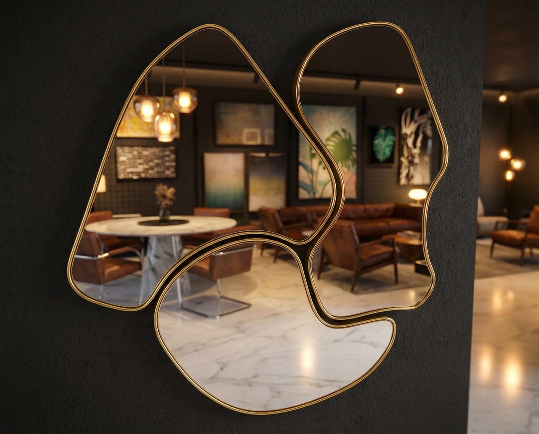 Asymmetrical Abstract Wall Mirror, Gold Frame, Modern Sculptural ...