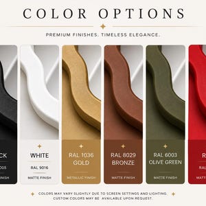 May include: A display of colour options for a product, including black, white, gold, bronze, olive green, and red. Each colour is labelled with its name, RAL code, and finish. The text "Premium Finishes. Timeless Elegance." is at the top.