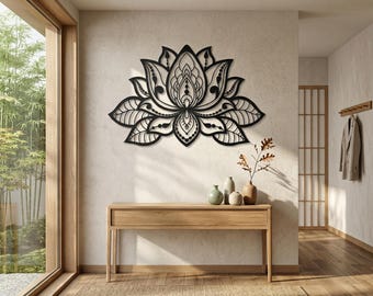 Lotus Blume Metall Wandkunst, großes Boho Mandala Dekor, Laser geschnitten Goldblumenbehang