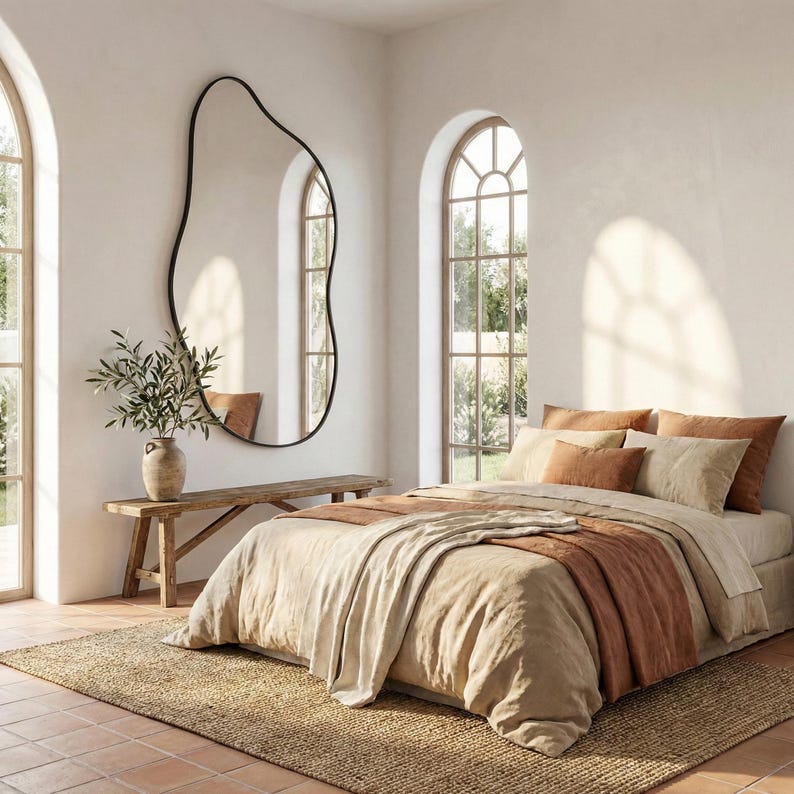 May include: A bedroom with a bed dressed in beige and terracotta bedding, including pillows and a throw. A large, black, organically shaped mirror is mounted on the wall. A wooden bench and a vase with greenery enhance the room's decor. The room has arched windows.