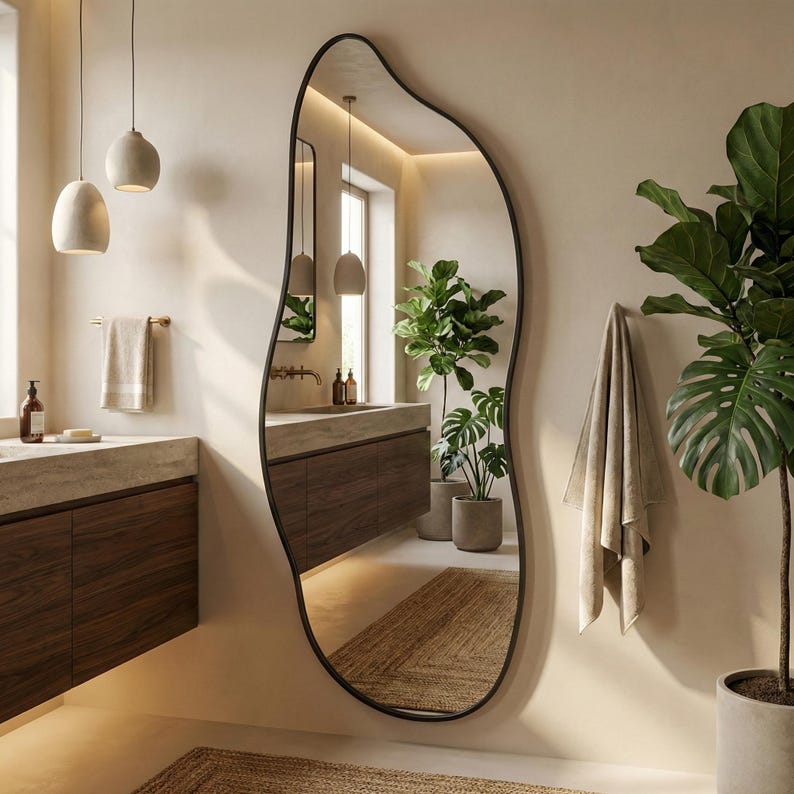 May include: A large, organically shaped mirror with a black frame dominates a bathroom scene. The mirror reflects the room's features: a wooden vanity, indoor plants, and pendant lights. A neutral-toned rug is visible on the floor, adding warmth to the space.