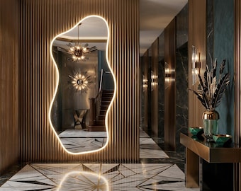 Espejo LED orgánico asimétrico de cuerpo entero, decoración de pared escultural