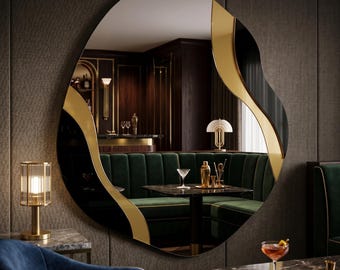 Asymmetrische abstracte wandspiegel, sculpturaal organisch ontwerp, luxe statement spiegel