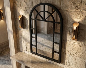 Gewölbter Fensterspiegel mit handbemaltem MDF-Rahmen im modernen Landhausstil