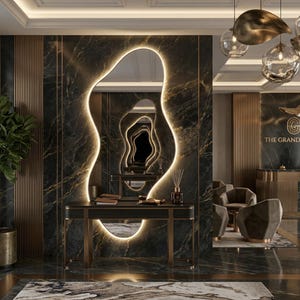 Op de afbeelding: Interieur van een luxe hotellobby met een grote, verlichte spiegel met een abstract ontwerp. De muren zijn versierd met donker marmer en gouden accenten. Een bureau, stoelen en een plant in een pot zijn zichtbaar. De tekst "THE GRAND SERENE" wordt weergegeven.