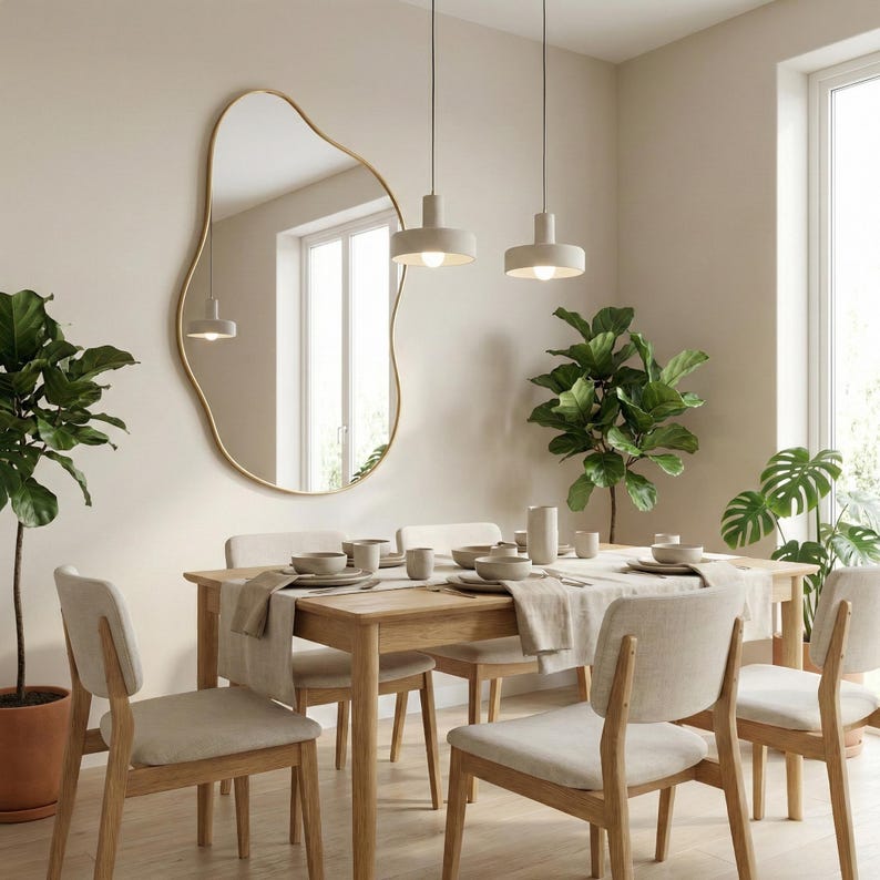 May include: A dining room with a light wood dining table set for six, surrounded by matching chairs. A large, gold-framed, free-form mirror adorns the wall. Two pendant lights hang above the table, and potted plants add greenery.