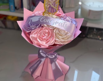 Princess Graduation Flower Bouquet,Handmade Ribbon Rose Bouquet, Graduation Gift, Gift For Her