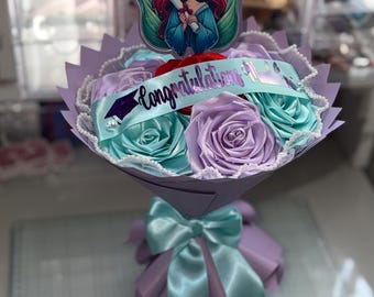 Princess Mermaid Graduation Flower Bouquet,Mermaid Flower Bouquet,Handmade Ribbon Rose Bouquet, Graduation Gift, Gift For Her