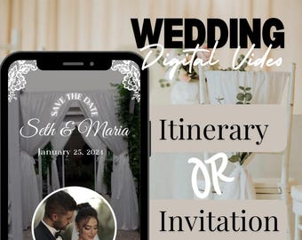 May include: A digital wedding invitation or itinerary template on a smartphone screen. The template features a white lace design, the text "Save the Date", the couple's names "Seth & Maria", and the date "January 25, 2024".