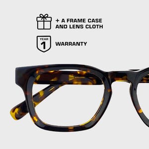 May include: Tortoise shell eyeglasses with a square frame and clear lenses. The glasses have a 1 year warranty and come with a frame case and lens cloth.