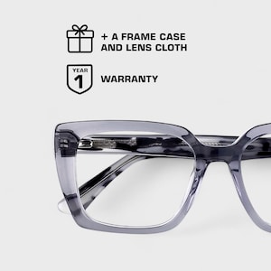 May include: Gray tortoise shell eyeglasses with a square frame. The glasses come with a one year warranty and a frame case and lens cloth.