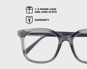 Square Glasses Frame: Large Rectangular Unisex Eyewear - Black Onyx, Gray Mist, Clear - Prescription Ready