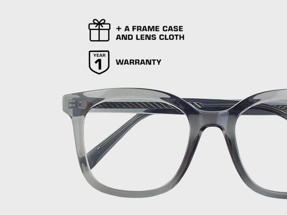 Square Rectangular Glasses Frame | Unisex Eyewear | Black Onyx, Clear or Smoky Gray Mist Colours | Prescription Ready | Large Glasses Frame