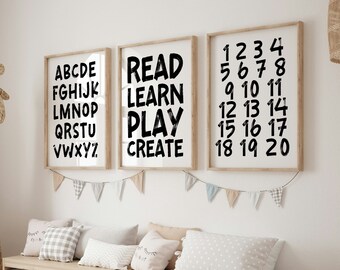 Láminas artísticas para sala de juegos ABC y 123: Decoración infantil en blanco y negro (juego de 3, sin marco)