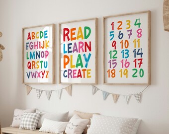 Láminas para la sala de juegos: ABC 123, Leer, aprender, jugar y crear (sin marco)