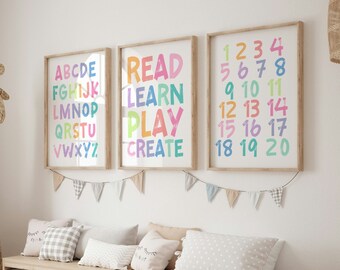 Láminas pastel para la sala de juegos: ABC 123, Leer, aprender, jugar (sin marco)