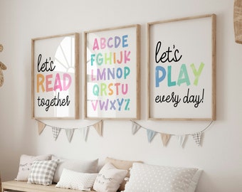 Láminas para habitación infantil con arcoíris pastel: Arte mural para sala de juegos, juego de 3