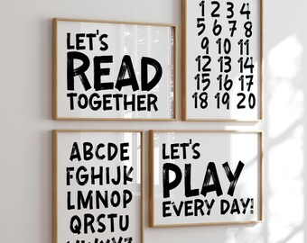 Conjunto de láminas infantiles con alfabeto y números: decoración infantil en blanco y negro