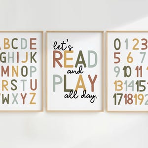 Ensemble éducatif d'impressions pour enfants - alphabet, chiffres et art mural « Lisons et jouons » pour une décoration de salle de jeux - Expédié