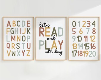 Juego de láminas educativas para niños: alfabeto, números y arte mural con la frase "Leamos y juguemos" para decorar la sala de juegos. Envío incluido