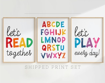Láminas para la sala de juegos: póster del abecedario, "Juguemos", "Leamos", arte infantil arcoíris (sin marco)