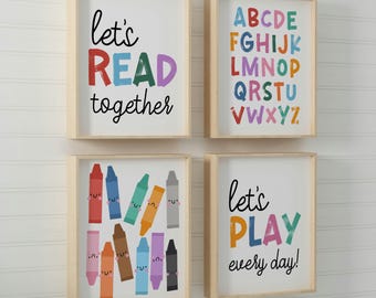 Conjunto de láminas para habitación infantil: ABC, crayones, arte mural para sala de juegos
