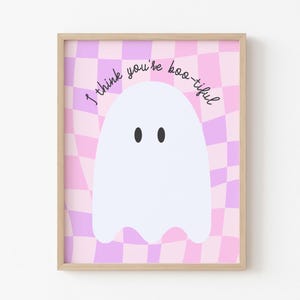 Art mural pour chambre d'enfant Halloween fantôme rose - Déco pour chambre d'enfants rose pastel - Impression sur le thème de fantômes mignons pour chambre de fille ou chambre d'enfant