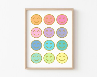 Arte de pared con caras felices en tonos pastel y dorados: decoración para habitación de niños, impresión para sala de juegos, póster para guardería, obra de arte con vibraciones positivas, impresiones enviadas para niños