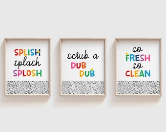 Juego de arte de pared para baño infantil: Splish Splash, Scrub a Dub Dub, So Fresh So Clean / Impresiones enviadas