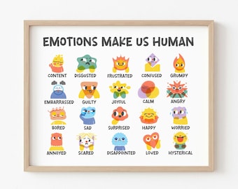 Arte para el crecimiento emocional infantil: Las emociones nos hacen humanos. Lámina educativa para la atención plena, aulas y salas de juegos.
