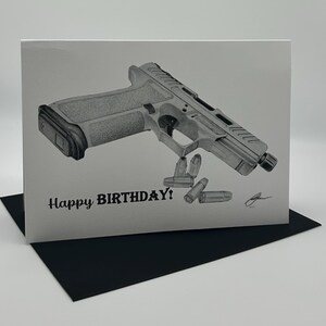 Happy Birthday Greeting Card - 9mm Semi-Auto Pistol Designs with scannable QR Code for Tactical Birthday Saying.
