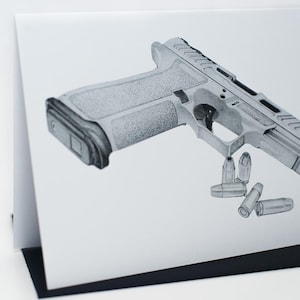 May include: A black and white drawing of a handgun with a magazine and several bullets scattered around it.
