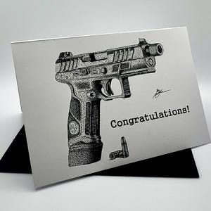 Semi-Auto Pistol Congratulations Card with QR Code to scan for tactical sounds, sayings and songs.