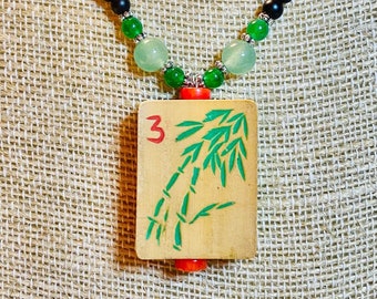 Mahjong Tile Necklace: Hand-carved Antique Bamboo Tile with Jade, Coral and Onyx