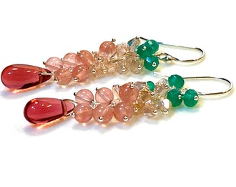 Multicolored Gem Cluster Earrings in Cherry Quartz, Pink Swarovski Crystals & Green Onyx with Mauve Teardrops on Sterling Silver, Handmade