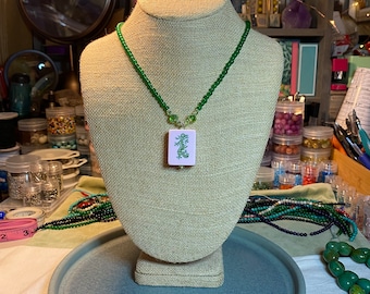 Pink Mahjong Tile Necklace with Green Dragon, Jade, Swarovski Crystals
