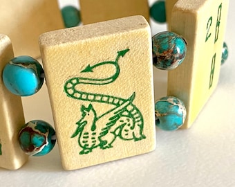 MahJong Bracelet: Vintage Boxwood Green Dragon Tile, Turquoise Jasper Beads (7.5")