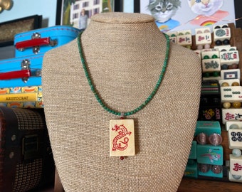 Red Dragon MahJong Tile from a Vintage 1960's American Set Dangles from a Strand of Tiny Genuine Turquoise Beads Lightweight Slim Necklace