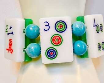 Vintage Lucite MahJong Tile Bracelet, 3-Layer Tiles from the 1960’s, Green, Clear & White with Turquoise Magnesite Beads - Handmade OOAK