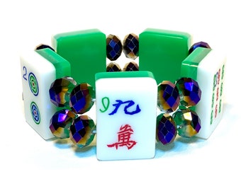 Vintage Mahjong Tile Bracelet, 3 Layer Lucite: Green Clear White with Purple Crystals, Size Small, fits to 6.5