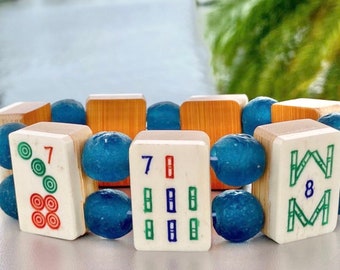 Mah Jong Bracelet of Vintage Hand-Carved 1930’s Bone & Bamboo Tiles with Blue Textured African Glass Beads, Size XL fits up to 8.5” Wrist