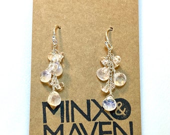 Rainbow Moonstone Teardrops and Vintage Quartz Crystal Earrings in Sterling Silver, Handmade Jewelry by Minx & Maven