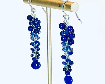 Fancy Blue Gemstone Earrings in Lapis, Iolite & Blue Goldstone, Gem Cluster Earrings, Sterling Silver, Handmade, Lovely Gift For Her