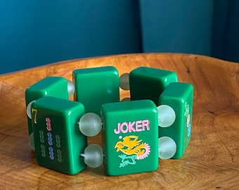 Green Mahjong Tile Bracelet: Sea Glass Beads, Features Joker Tile